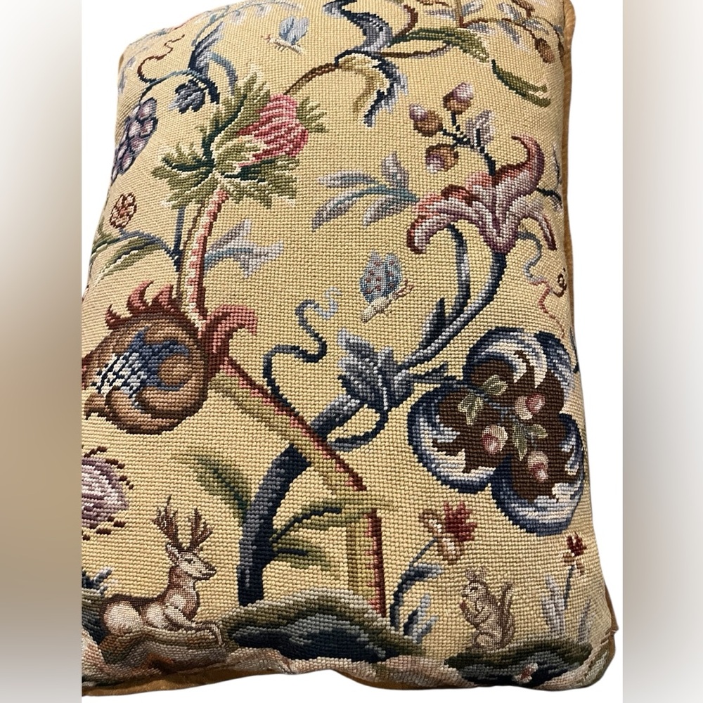 needlepoint pillow Jacobean style floral and animal depiction